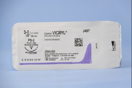 J & J Healthcare Systems Coated Vicryl Suture with Needle Absorbable Coated Undyed Suture Braided Polyglactin 910 Size 3-0 18 Inch Suture 1-Needle 19 mm Length 3/8 Circle Reverse Cutting Needle - J497G