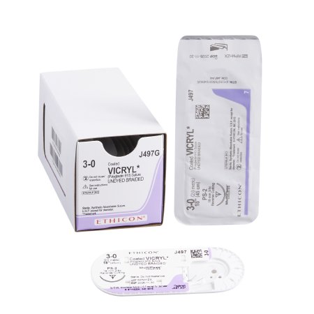 Coated Vicryl - Suture with Needle Absorbable Coated Undyed Suture Braided Polyglactin 910 Size 3 - 0 18 Inch Suture 1-Needle 19 mm Length 3/8 Circle Precision Point - Reverse Cutting Needle - J497G