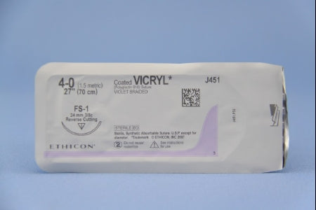 J & J Healthcare Systems Coated Vicryl Suture with Needle Absorbable Coated Violet Suture Braided Polyglactin 910 Size 4-0 27 Inch Suture 1-Needle 24 mm Length 3/8 Circle Reverse Cutting Needle - J451H