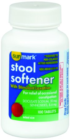 McKesson sunmark Stool Softener Unflavored Tablet 100 per Bottle 50 mg - 8.6 mg Strength Docusate Sodium / Sennosides - 49348001310