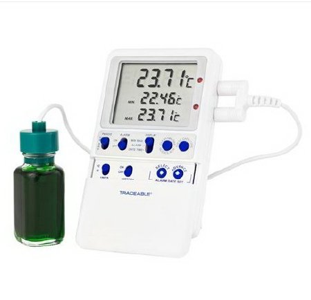 Traceable Platinum High-Accuracy - Digital Refrigerator / Freezer Thermometer with Alarm Fahrenheit / Celsius -58° to +158°F (-50° to +70°C) Bottle Probe / Platinum Sensor Multiple Mounting Options Battery Operated - 37803-88
