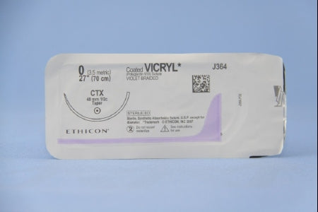 J & J Healthcare Systems Coated Vicryl Suture with Needle Absorbable Coated Violet Suture Braided Polyglactin 910 Size 0 27 Inch Suture 1-Needle 48 mm Length 1/2 Circle Taper Point Needle - J364H