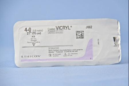 Coated Vicryl - Suture with Needle Absorbable Coated Undyed Suture Braided Polyglactin 910 Size 4 - 0 27 Inch Suture 1-Needle 60 mm Length Straight Conventional Cutting Needle - J662H