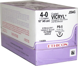 J & J Healthcare Systems Coated Vicryl Suture with Needle Absorbable Coated Undyed Suture Braided Polyglactin 910 Size 4-0 18 Inch Suture 1-Needle 13 mm Length 1/2 Circle Reverse Cutting Needle - J594G