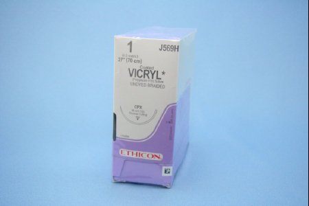 Coated Vicryl - Suture with Needle Absorbable Coated Undyed Suture Braided Polyglactin 910 Size 1 27 Inch Suture 1-Needle 48 mm Length 1/2 Circle Reverse Cutting Needle - J569H