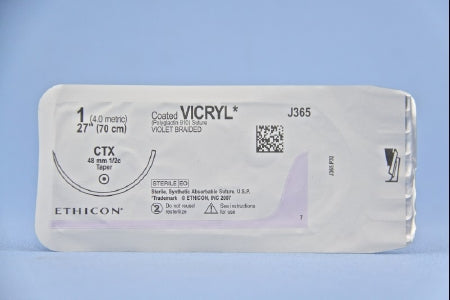 J & J Healthcare Systems Coated Vicryl Suture with Needle Absorbable Coated Violet Suture Braided Polyglactin 910 Size 1 27 Inch Suture 1-Needle 48 mm Length 1/2 Circle Taper Point Needle - J365H
