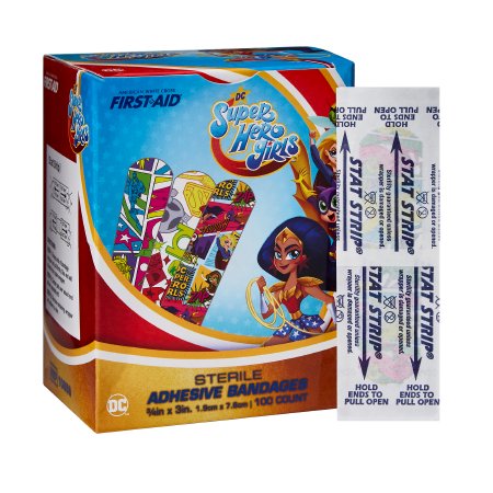 American White Cross Stat Strip - Adhesive Strip 3/4 X 3 Inch Plastic Rectangle Kid Design (DC Super Hero Girls) Sterile - 10859