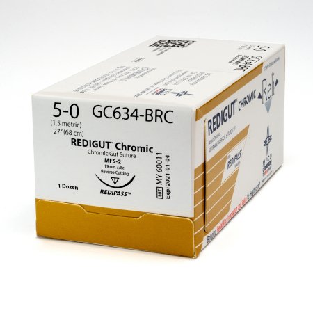 Reli - Suture with Needle Absorbable Uncoated Undyed Suture Chromic Gut Size 5 - 0 27 Inch Suture 1-Needle 19 mm Length 3/8 Circle Reverse Cutting Needle - GC634-M