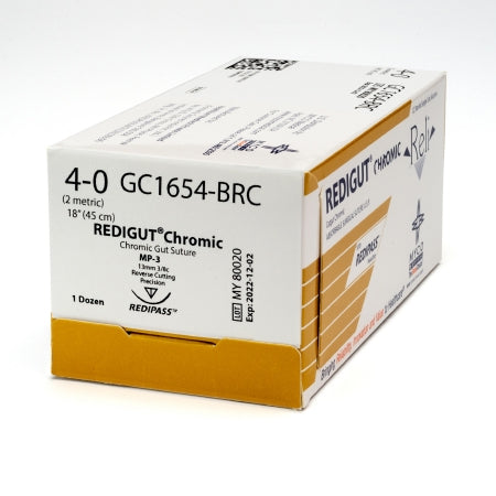 Reli - Suture with Needle Absorbable Uncoated Undyed Suture Chromic Gut Size 4 - 0 18 Inch Suture 1-Needle 13 mm Length 3/8 Circle Reverse Cutting Needle with Precision Point - GC1654-M