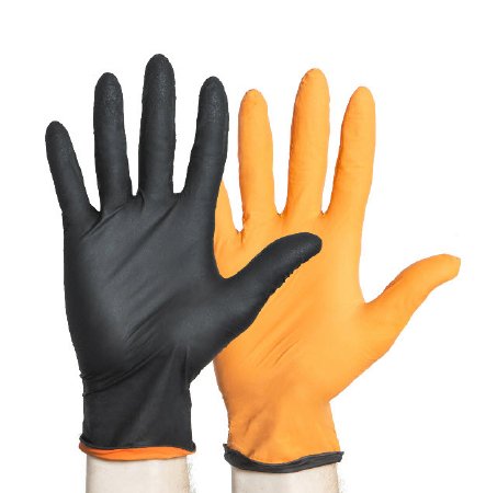 O&M Halyard Inc Black-Fire* Reversible Exam Glove Medium NonSterile Nitrile Standard Cuff Length Textured Fingertips Black / Orange Not Chemo Approved - 44757