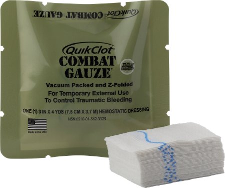Z-Medica QuikClot Combat Gauze X-Ray Detectable Gauze Sponge NonWoven Gauze / Kaolin 1-Ply 3 Inch X 4 Yard Strip Sterile - 200