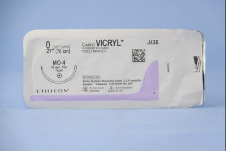 J & J Healthcare Systems Coated Vicryl Suture with Needle Absorbable Coated Violet Suture Braided Polyglactin 910 Size 0 27 Inch Suture 1-Needle 36.4 mm Length 1/2 Circle Taper Point Needle - J436H