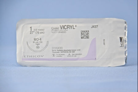 J & J Healthcare Systems Coated Vicryl Suture with Needle Absorbable Coated Violet Suture Braided Polyglactin 910 Size 1 27 Inch Suture 1-Needle 36.4 mm Length 1/2 Circle Taper Point Needle - J437H