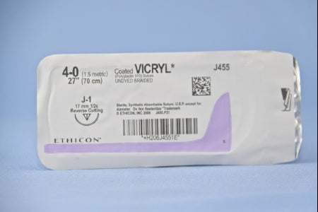 Coated Vicryl - Suture with Needle Absorbable Coated Undyed Suture Braided Polyglactin 910 Size 4 - 0 27 Inch Suture 1-Needle 17 mm Length 1/2 Circle Reverse Cutting Needle - J455H