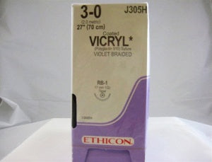 Coated Vicryl - Suture with Needle Absorbable Coated Violet Suture Braided Polyglactin 910 Size 3 - 0 27 Inch Suture 1-Needle 17 mm Length 1/2 Circle Taper Point Needle - J305H