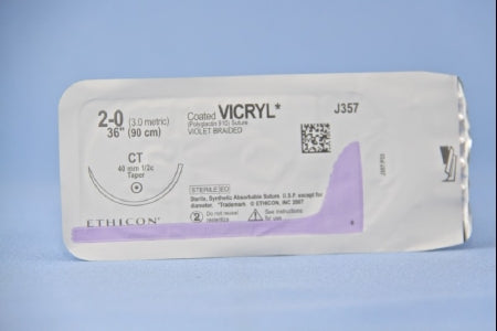 Coated Vicryl - Suture with Needle Absorbable Coated Violet Suture Braided Polyglactin 910 Size 2 - 0 36 Inch Suture 1-Needle 40 mm Length 1/2 Circle Taper Point Needle - J357H