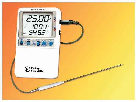 Fisher Scientific Fisher Science Education Traceable Digital Thermometer Fahrenheit / Celsius 28.4° to 35.6°F (-2° to 2°C) Stainless Steel Probe Multiple Mounting Options Battery Operated - S98176