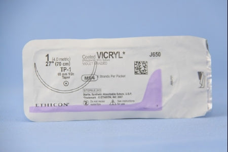 Coated Vicryl - Suture with Needle Absorbable Coated Violet Suture Braided Polyglactin 910 Size 1 27 Inch Suture 1-Needle 65 mm Length 1/2 Circle Taper Point Needle - J650G
