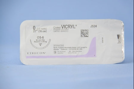 Coated Vicryl - Suture with Needle Absorbable Coated Undyed Suture Braided Polyglactin 910 Size 0 27 Inch Suture 1-Needle 36.4 mm Length 1/2 Circle Reverse Cutting Needle - J534H