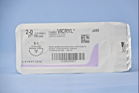 J & J Healthcare Systems Coated Vicryl Suture with Needle Absorbable Coated Violet Suture Braided Polyglactin 910 Size 0 27 Inch Suture 1-Needle 40 mm Length 1/2 Circle Reverse Cutting Needle - J479H