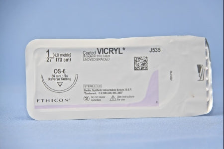 Coated Vicryl - Suture with Needle Absorbable Coated Undyed Suture Braided Polyglactin 910 Size 1 27 Inch Suture 1-Needle 36.4 mm Length 1/2 Circle Reverse Cutting Needle - J535H