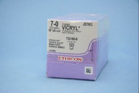 J & J Healthcare Systems Coated Vicryl Suture with Needle Absorbable Coated Violet Suture Braided Polyglactin 910 Size 7-0 18 Inch Suture Double-Armed 5.5 mm Length 1/2 Circle Spatula Needle - J576G