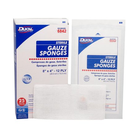 Dukal - Gauze Sponge Cotton 12-Ply 4 X 8 Inch Rectangle Sterile - 6842