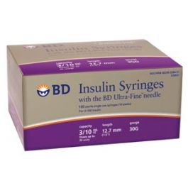 Becton Dickinson BD Ultra-Fine Insulin Syringe with Needle 0.3 mL 30 Gauge 1/2 Inch Attached Needle Without Safety - 328431