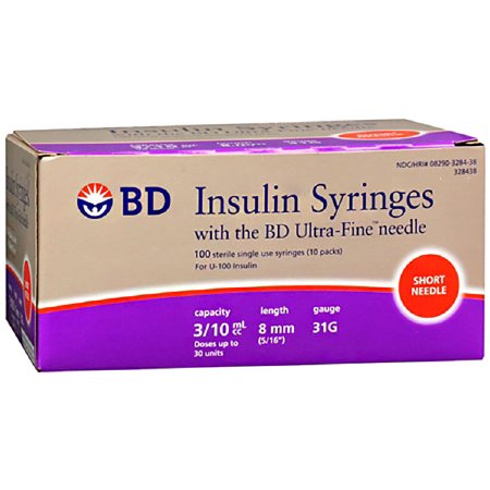 Becton Dickinson Ultra-Fine Insulin Syringe with Needle 0.3 mL 31 Gauge 5/16 Inch Attached Needle Without Safety - 328440