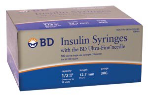 Becton Dickinson BD Ultra-Fine Insulin Syringe with Needle 0.5 mL 30 Gauge 1/2 Inch Attached Needle Without Safety - 328466