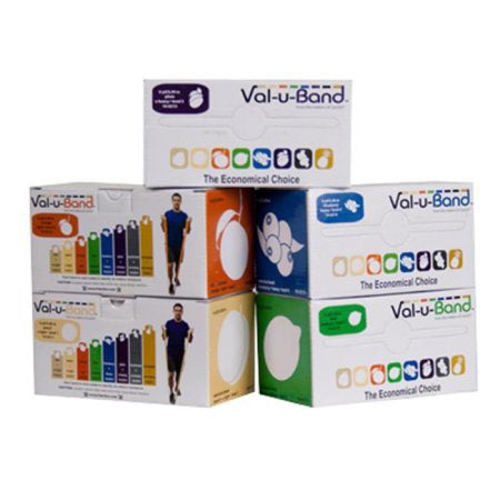 Fabrication Enterprises Val-u-Band Low Powder Exercise Resistance Band Set Peach / Orange / Lime / Blueberry / Plum 3 X 3 X 6 Inch X-Light to X-Heavy Resistance - 1577392