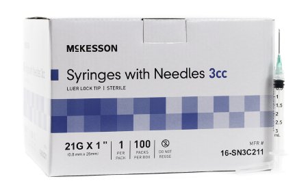 McKesson McKesson Syringe with Hypodermic Needle 3 mL 21 Gauge 1 Inch Detachable Needle Without Safety - 16-SN3C211