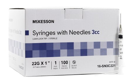 McKesson McKesson Syringe with Hypodermic Needle 3 mL 22 Gauge 1 Inch Detachable Needle Without Safety - 16-SN3C221