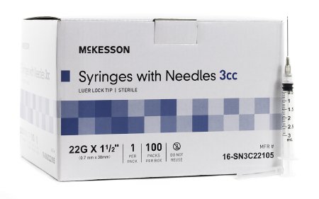 McKesson McKesson Syringe with Hypodermic Needle 3 mL 22 Gauge 1-1/2 Inch Detachable Needle Without Safety - 16-SN3C22105
