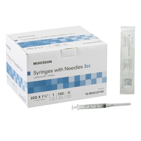 McKesson - Syringe with Hypodermic Needle 3 mL 22 Gauge 1-1/2 Inch Thin Wall NonSafety - 16-SN3C22105