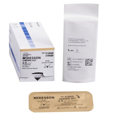 McKesson - Suture with Needle Absorbable Uncoated Black Suture Chromic Gut Size 4 - 0 18 Inch Suture 1-Needle 13 mm Length 3/8 Circle Reverse Cutting Needle - S1654G