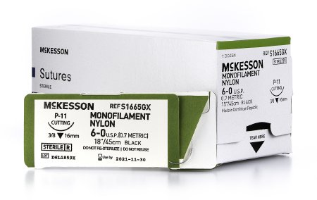 McKesson McKesson Suture with Needle Nonabsorbable Uncoated Black Suture Monofilament Nylon Size 6-0 18 Inch Suture 1-Needle 16 mm Length 3/8 Circle Reverse Cutting Needle - S1665GX