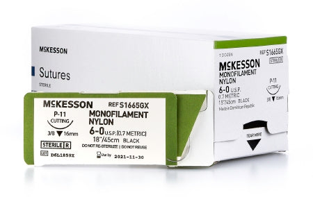 McKesson - Suture with Needle Nonabsorbable Uncoated Black Suture Monofilament Nylon Size 6 - 0 18 Inch Suture 1-Needle 16 mm Length 3/8 Circle Reverse Cutting Needle - S1665GX