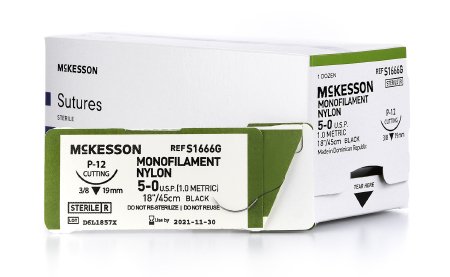 McKesson McKesson Suture with Needle Nonabsorbable Uncoated Monofilament Nylon Size 5-0 18 Inch Suture 1-Needle 19 mm Length 3/8 Circle Reverse Cutting Needle - S1666G