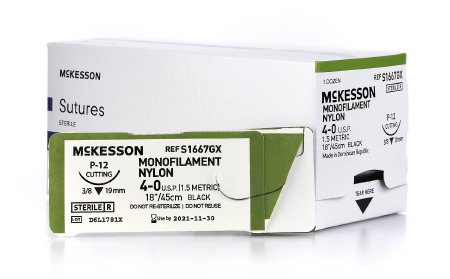 McKesson McKesson Suture with Needle Nonabsorbable Uncoated Black Suture Monofilament Nylon Size 4-0 18 Inch Suture 1-Needle 19 mm Length 3/8 Circle Reverse Cutting Needle - S1667GX