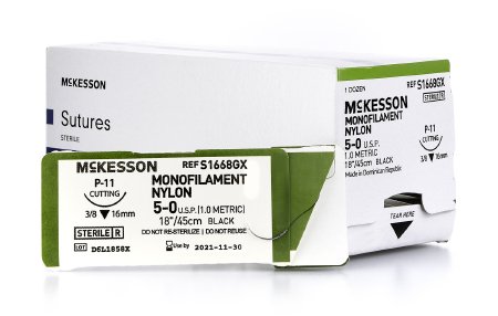 McKesson - Suture with Needle Nonabsorbable Uncoated Black Suture Monofilament Nylon Size 5 - 0 18 Inch Suture 1-Needle 16 mm Length 3/8 Circle Reverse Cutting Needle - S1668GX