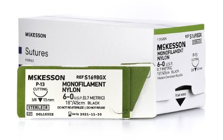 McKesson McKesson Suture with Needle Nonabsorbable Uncoated Black Suture Monofilament Nylon Size 6-0 18 Inch Suture 1-Needle 13 mm Length 3/8 Circle Reverse Cutting Needle - S1698GX