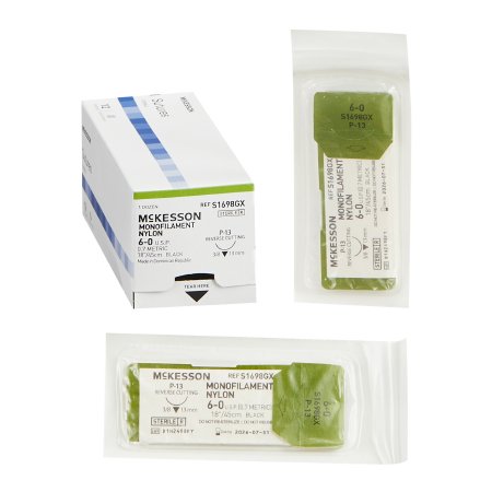McKesson - Suture with Needle Nonabsorbable Uncoated Black Suture Monofilament Nylon Size 6 - 0 18 Inch Suture 1-Needle 13 mm Length 3/8 Circle Reverse Cutting Needle - S1698GX