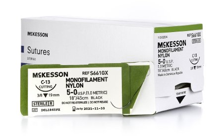 McKesson McKesson Suture with Needle Nonabsorbable Uncoated Black Suture Monofilament Nylon Size 5-0 18 Inch Suture 1-Needle 19 mm Length 3/8 Circle Reverse Cutting Needle - S661GX