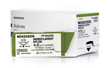 McKesson McKesson Suture with Needle Nonabsorbable Uncoated Black Suture Monofilament Nylon Size 4-0 18 Inch Suture 1-Needle 19 mm Length 3/8 Circle Reverse Cutting Needle - S1667GX