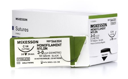 McKesson McKesson Suture with Needle Nonabsorbable Uncoated Black Suture Monofilament Nylon Size 3-0 18 Inch Suture 1-Needle 24 mm Length 3/8 Circle Reverse Cutting Needle - S663GX