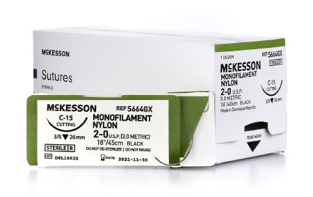 McKesson McKesson Suture with Needle Nonabsorbable Uncoated Black Suture Monofilament Nylon Size 2-0 18 Inch Suture 1-Needle 26 mm Length 3/8 Circle Reverse Cutting Needle - S664GX