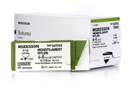 McKesson McKesson Suture with Needle Nonabsorbable Uncoated Black Suture Monofilament Nylon Size 6-0 18 Inch Suture 1-Needle 11 mm Length 3/8 Circle Reverse Cutting Needle - S697GX