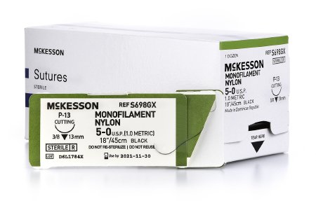 McKesson McKesson Suture with Needle Nonabsorbable Uncoated Black Suture Monofilament Nylon Size 5-0 18 Inch Suture 1-Needle 13 mm Length 3/8 Circle Reverse Cutting Needle - S698GX