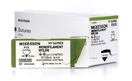 McKesson McKesson Suture with Needle Nonabsorbable Uncoated Black Suture Monofilament Nylon Size 4-0 18 Inch Suture 1-Needle 13 mm Length 3/8 Circle Reverse Cutting Needle - S699GX